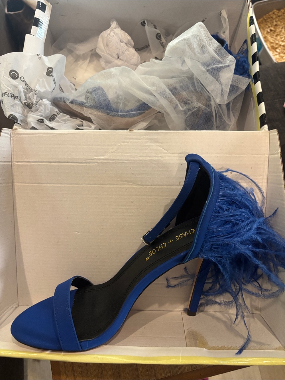 Chase + Chloe Royal Blue Feather Strap Stilettos